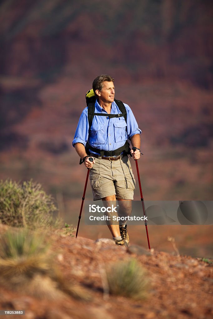 Mężczyzna wędrówki przez pustynię w Moab - Zbiór zdjęć royalty-free (Pustynia)