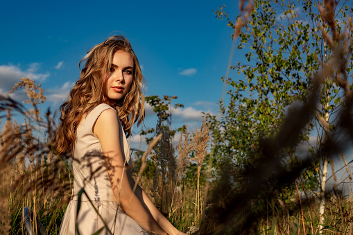 Portrait of a blond girl in a dress that sits in a field with tall grass and a birch. On a sunny day.