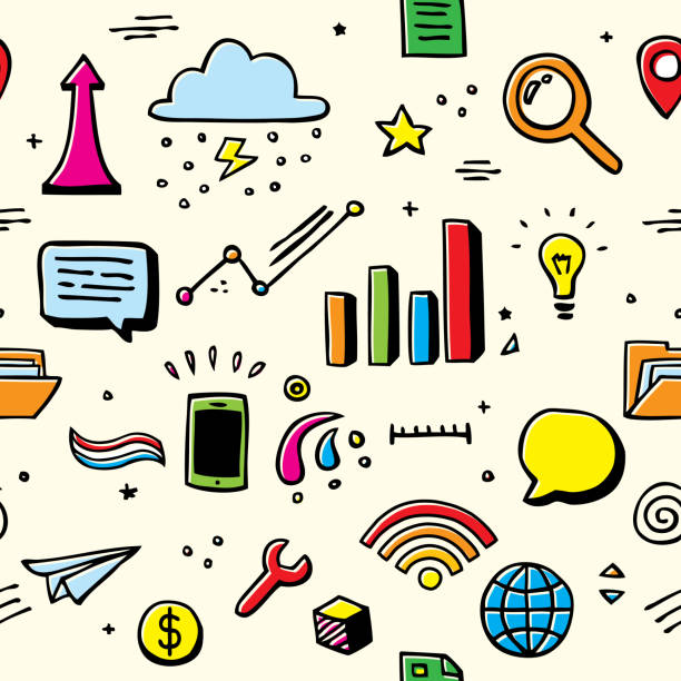 Vector illustration of hand drawn business doodles in a repeating pattern.