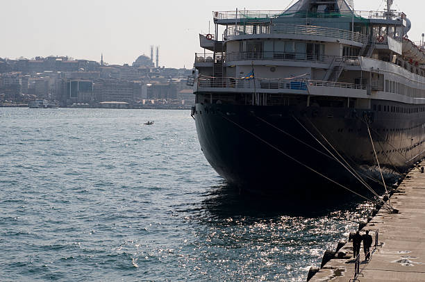 Istanbul Turkey - January 09, 2023: Cruise ships are luxury ships that travel to multiple destinations and contain all kinds of amenities. The cruise ship in this photo has delivered its passengers to Istanbul and is waiting to travel to another destination.