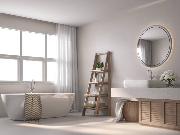 render 3d kamar mandi bergaya kontemporer modern - toilet perlengkapan rumah tangga yang terpasang ilustrasi potret stok, foto, & gambar bebas royalti