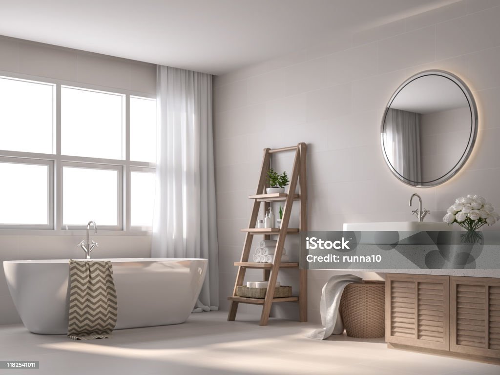 Modern contemporary style bathroom 3d render Modern contemporary style bathroom 3d render, With beige tile walls, black and white pattern floor,Decorate with wooden shelves and cabinet,The rooms have large windows, Natural light shines inside. Bathroom Stock Photo