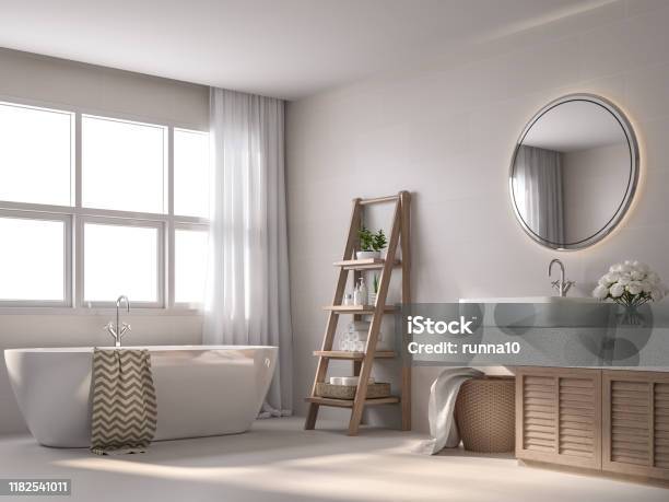 Modern Contemporary Style Bathroom 3d Render Stock Photo - Download Image Now - Bathroom, Bathtub, Modern
