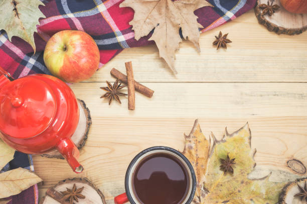 istock Autumn background with hot tea and spices 1182542176