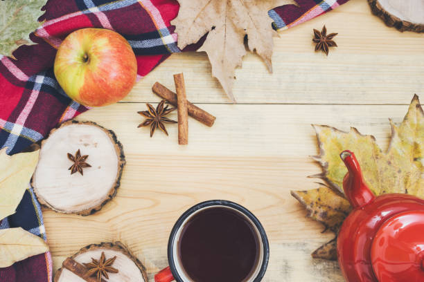 istock Autumn background with hot tea and spices 1182542180