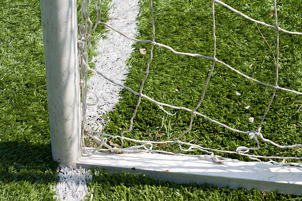 Soccer goalpost with white chalk line and net, Turkey, Istanbul stock photo