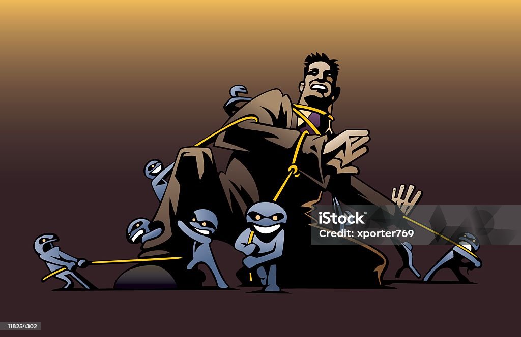 Tied Up? A business man tied up and being pulled in several directions by symbolic gremlins.  Pulling stock vector