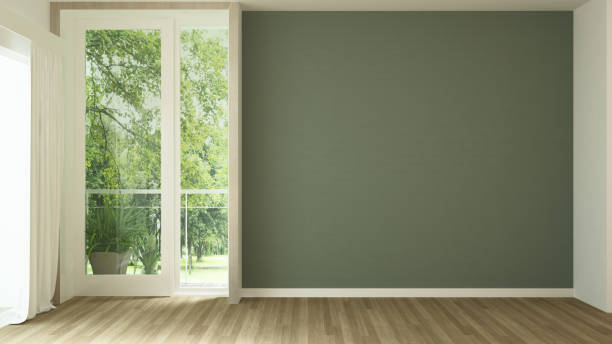 istock Empty room and green wall space for add artwork. Empty room with forest and meadow view. 3D Illustration 1182547368
