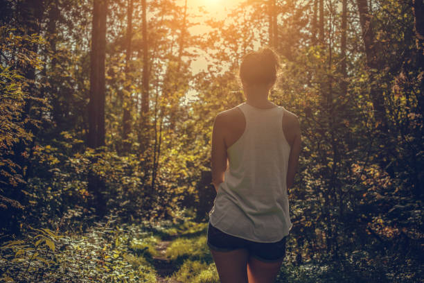 istock Woman walking alone in the forest 1182549589