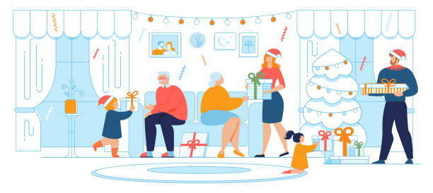 ilustrações, clipart, desenhos animados e ícones de vetor liso da tradição da família da celebração do natal - christmas present senior men surprise gift box