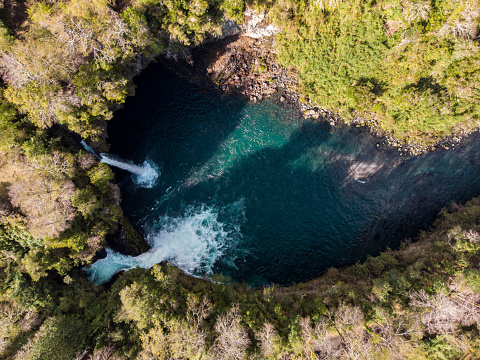 Aerial view of Riñinahue waterfalls, located between Futrono an Lango Ranco next to Ranco Lake in southern Chile