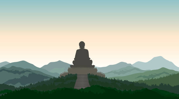 illustrations, cliparts, dessins animés et icônes de bouddha dans la silhouette de statue de méditation sur le dessus de la colline. paysage asiatique de montagne. horizon rural - temple