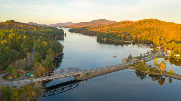 aerial view over long lake adirondack park mountains new yourk usa - long imagens e fotografias de stock