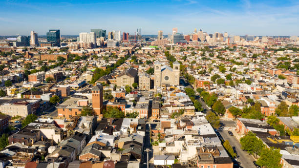 Wide Aerial Perspective over Streets and Neighborhoods of Baltimore Maryland stock photo