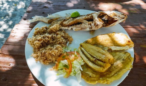 istock Fried fish served on the beach with coconut rice while enjoying a tropical summer vacation. Colombian cuisine 1182553153