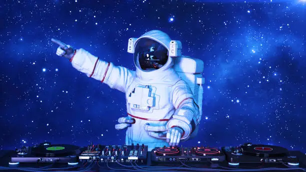 Photo of DJ astronaut, disc jockey spaceman pointing and playing music on turntables, cosmonaut on stage with deejay audio equipment, 3D render