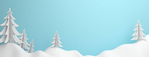 fundo abstrato panorama de inverno, pinho, abeto, abeto de arte de arte de árvore de papel cortado origami com céu pastel azul. copiar espaço de texto de largura área. - snowflake winter blue paper - fotografias e filmes do acervo
