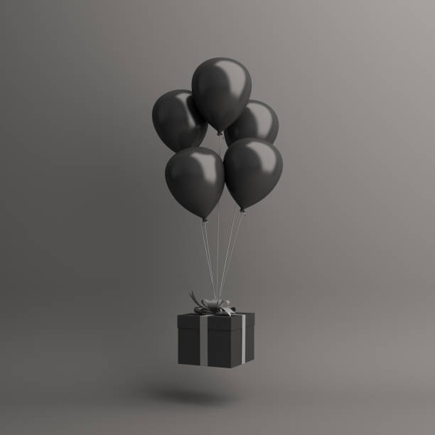 istock Black friday sale event design creative concept, flying balloon, gift box on dark background. 1182555477