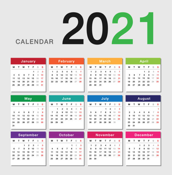 illustrations, cliparts, dessins animés et icônes de modèle de conception horizontale de vecteur de calendrier de l'année 2021 colorée, conception simple et propre. calendrier pour 2021 sur fond blanc - calendar june time month