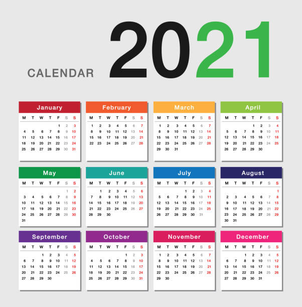 illustrazioni stock, clip art, cartoni animati e icone di tendenza di modello di progettazione vettoriale orizzontale del calendario anno colorato 2021, design semplice e pulito. calendario per il 2021 su sfondo bianco - calendar october time week