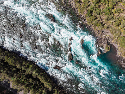 Aerial view of Petrohue River near to Saltos del Petrohue in Los Lagos Region, southern Chile