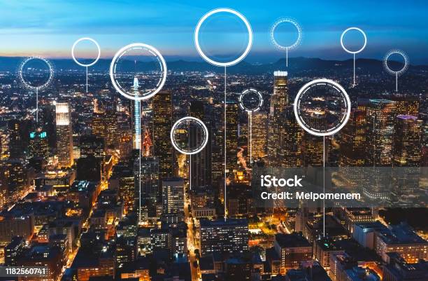 Technology Digital Circle With Downtown Los Angeles Stock Photo - Download Image Now