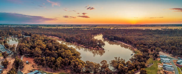 istock Murray River bend at sunset - aerial panorama 1182564562