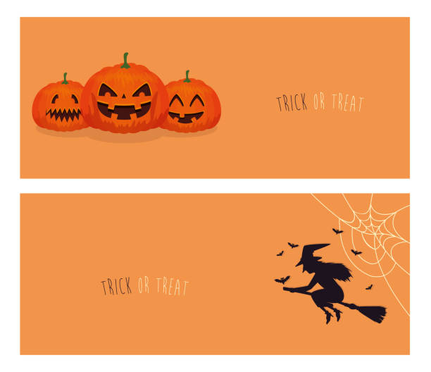 istock set of poster with pumpkins and witch flying in broom 1182566369