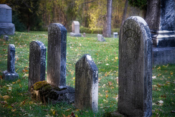 istock Spooky Cemetery - Row of Old Headstones 1182568389