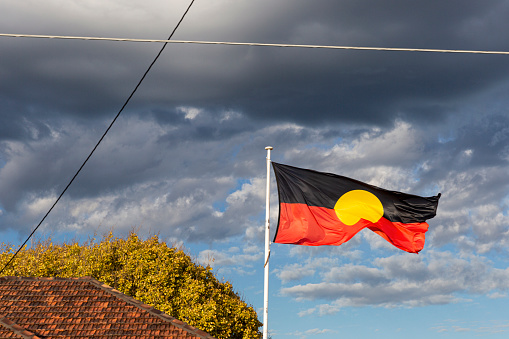 Aboriginal flag flying high above community centre in suburban neighbourhood.