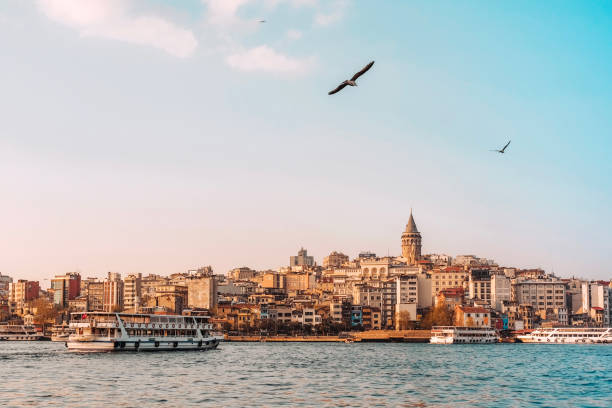 vista da torre de galata do cityscape de istambul com barcos de turista de flutuação em bosphorus, istambul turquia - istambul - fotografias e filmes do acervo