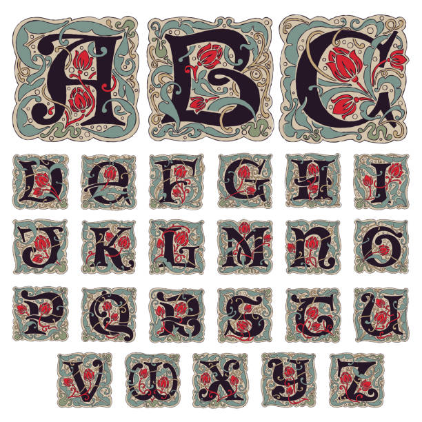 stockillustraties, clipart, cartoons en iconen met antieke gotische alfabet letters in vintage kleuren. - hoofdletter