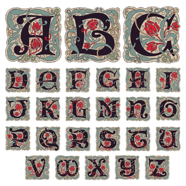 античные готические буквы алфавита в винтажных цветах. - готический стиль stock illustrations