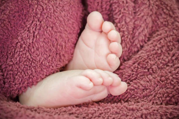 Newborn baby feet under red blanket cover