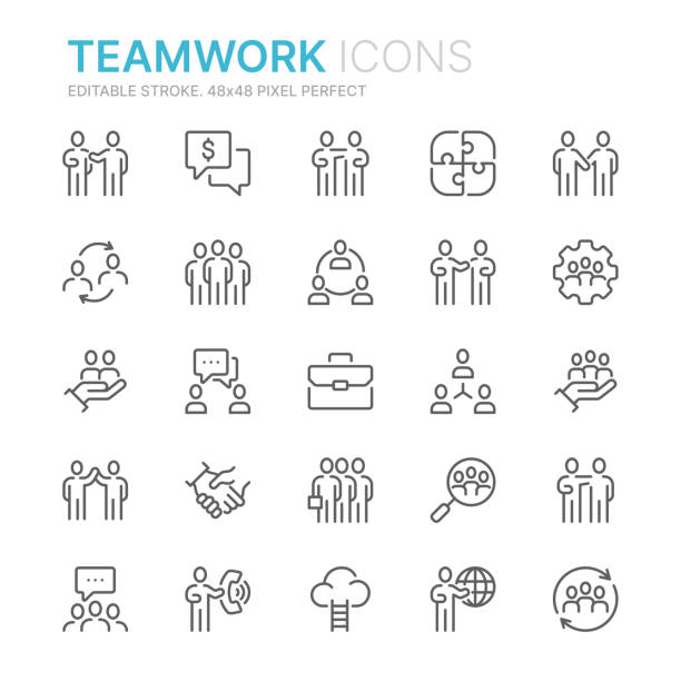 팀워크 관련 라인 아이콘의 컬렉션입니다. 48x48 픽셀 완벽한. 편집 가능한 스트로크 - assistance community business people stock illustrations