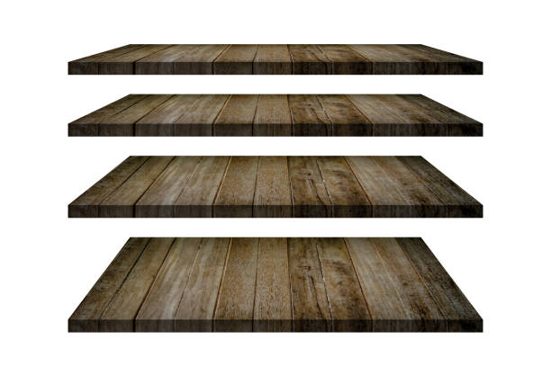 Wood shelves table top collection isolated on white background. Clipping path include in this image. Copy space for your display or montage product design.
