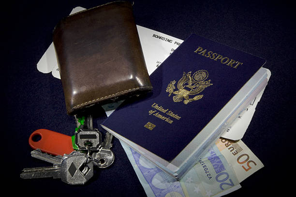istock Travel: wallet, keys, Euros, passport, boarding pass 118259100
