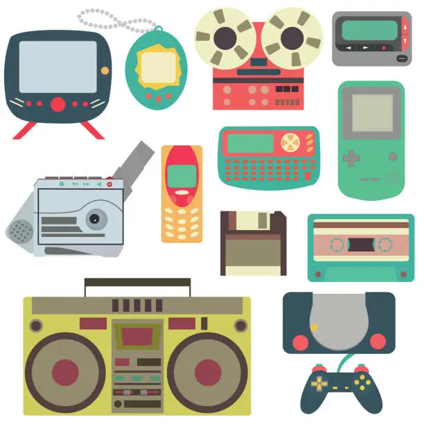 Vector illustration of Collection of colorful vintage gadgets from 80s-90s  playstation, game, tamagotchi etc