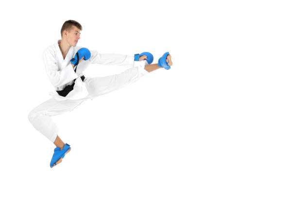 calcio volante - kicking tae kwon do martial arts flying foto e immagini stock