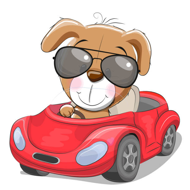 ilustrações, clipart, desenhos animados e ícones de o filhote de cachorro bonito dos desenhos animados vai em um carro vermelho - 5563