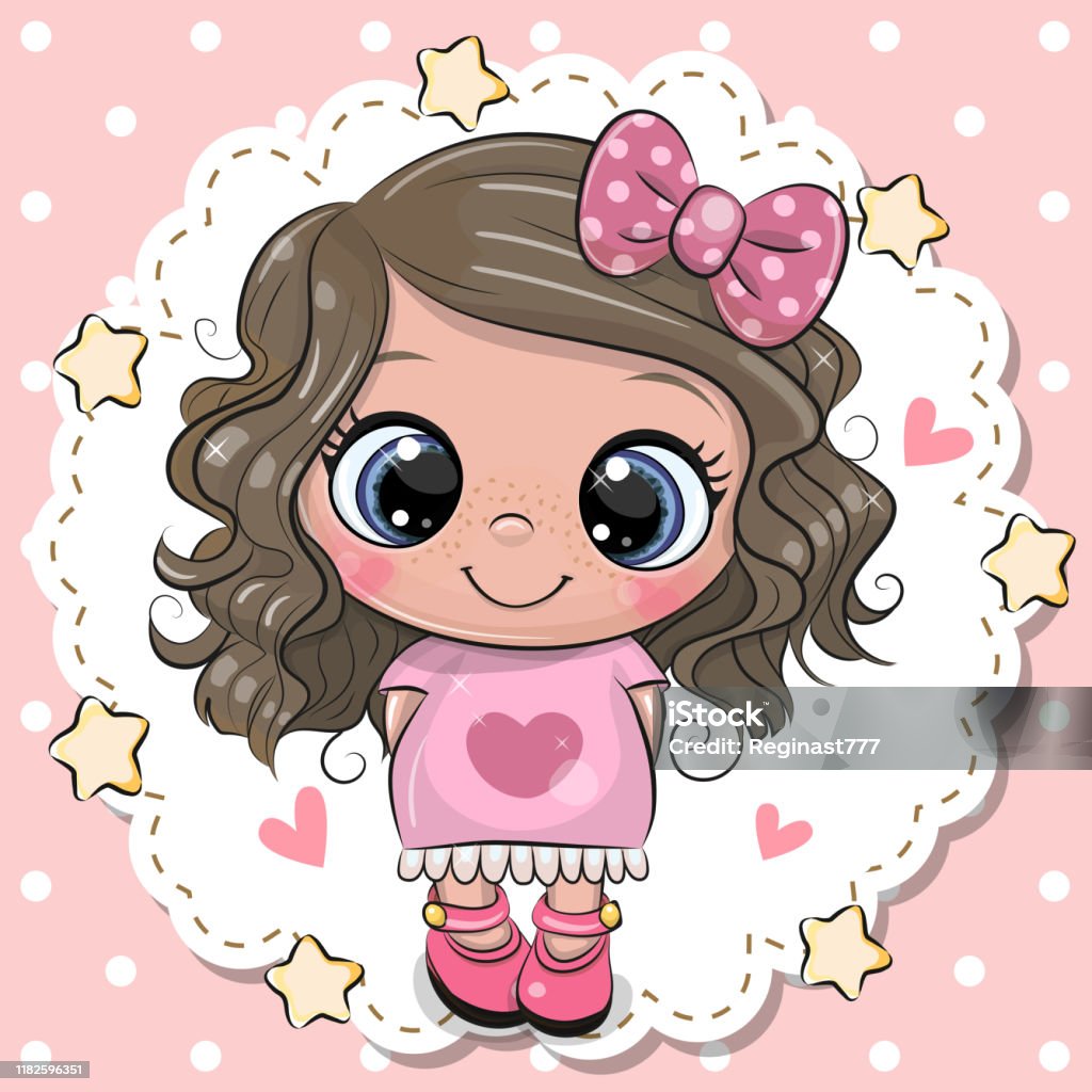 Cute Cartoon Girl With Pink Bow Stock Illustration - Download ...