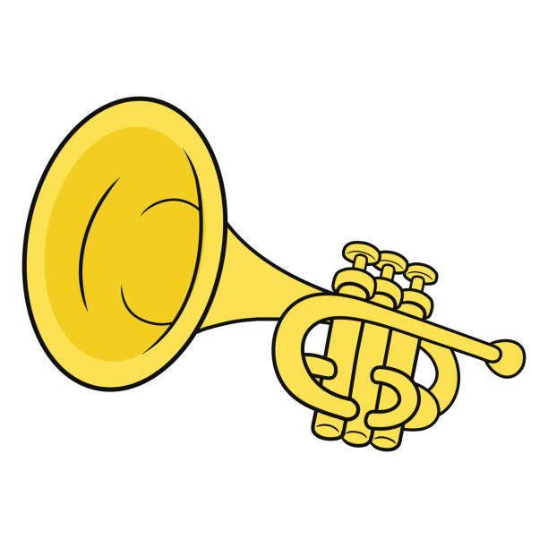 ilustraciones, imágenes clip art, dibujos animados e iconos de stock de ilustración de una trompeta de latón amarillo - bugle trumpet jazz music