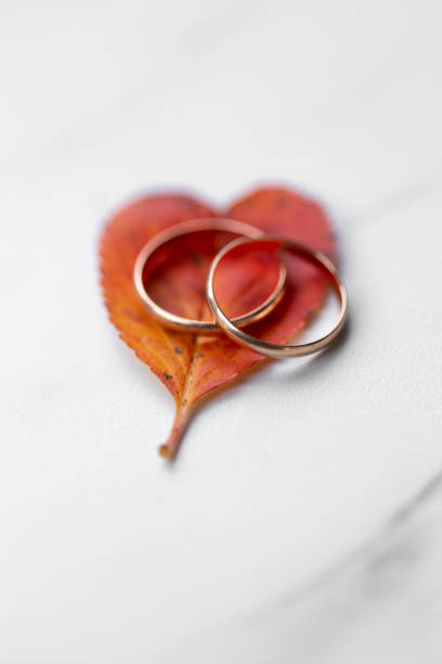 wedding rings and a red heart-shaped leaf on a marble background. Wedding concept or concept of Valentine's Day and all lovers