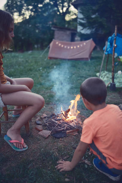 istock Kids making campfire at evening time. 1182599753