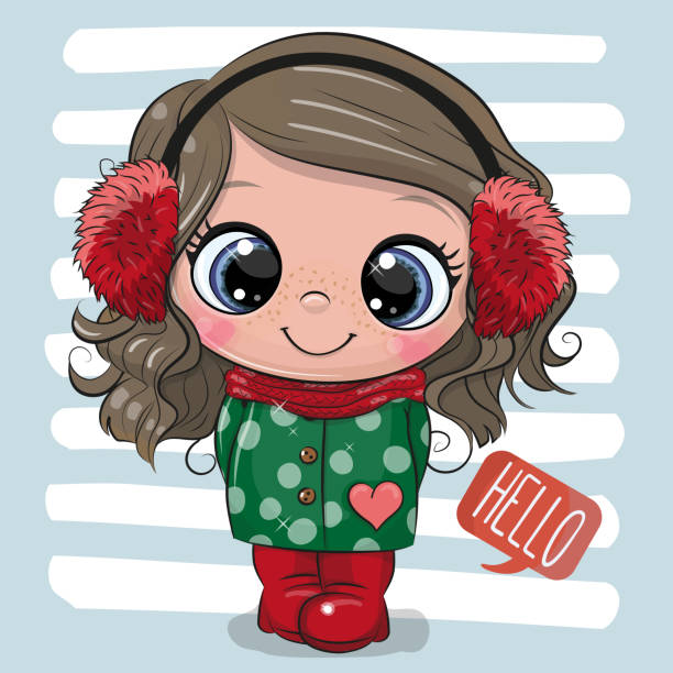 ilustrações de stock, clip art, desenhos animados e ícones de cute girl in a coat and fur headphones - baby animals audio