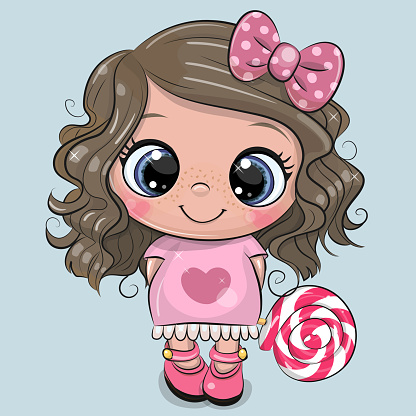Cute Cartoon Girl in a pink dress with Lollipop