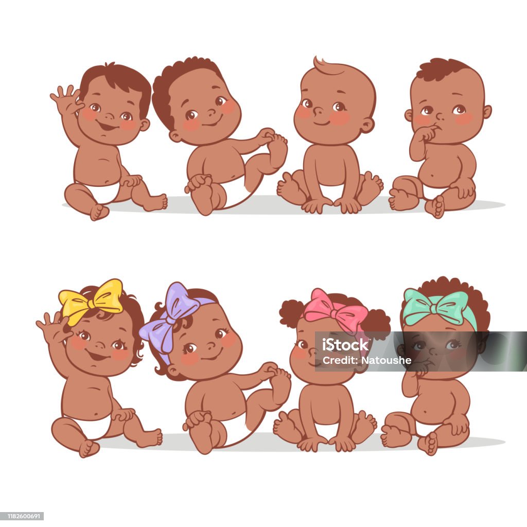 Happy Little Babies Sit Play Waving Hands Smiling Stock Illustration -  Download Image Now - iStock