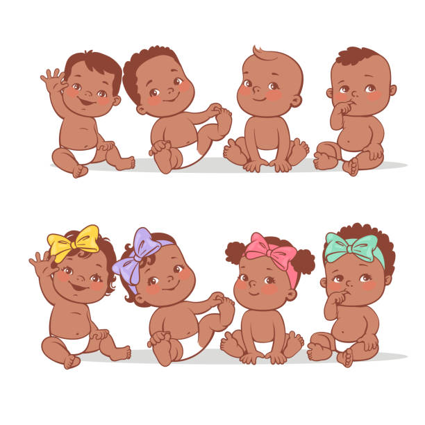 Happy little babies sit, play, waving hands, smiling. Dark skin boys and girls in diaper. African american baby girls and boys sitting together. Colorful bows. Vector illustration isolated. piccolo stock illustrations