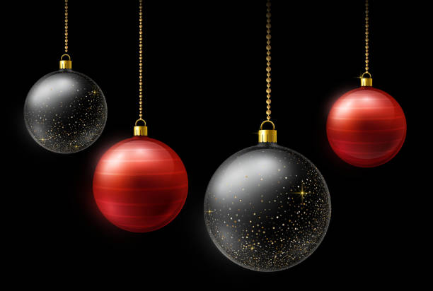 istock Realistic black and red  Christmas balls hanging on gold beads chains on dark background 1182601897