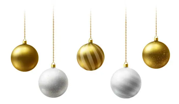Vector illustration of Realistic gold and  white  Christmas balls hanging on gold beads chains on white  background